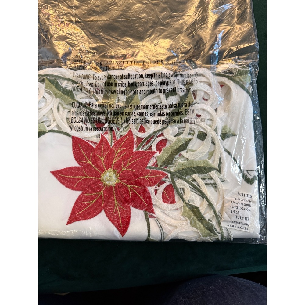 Collections Etc Poinsettia Topper Square White Embroidered Tablecloth 34x34